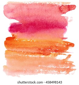Hand drawn watercolor wash in red and orange. Bright vector background in sunset colors. Design template for graphics and lettering. 