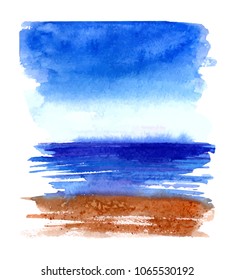 Hand drawn watercolor wash. Vertical stain in blue and orange colors. For summer bacground and holiday design.