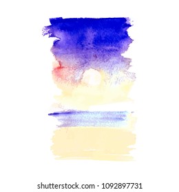 Hand drawn watercolor wash. Vertical stain in blue, red and yellow colors. For summer bacground and holiday design.