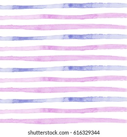 Hand drawn watercolor washed stripes. Summer nautical design in blue, pink and purple colors.