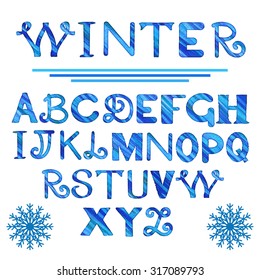 Hand drawn watercolor winter blue alphabet, distressed font, letters, snowflakes set. Handwritten. Isolated on white background