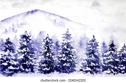 Hand drawn watercolor winter snowy landscape. Watercolor winter forest.