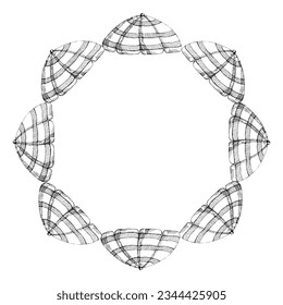 Hand drawn watercolor yellow wide straw sun hat with indigo ribbon. Circle wreath frame. Isolated on white background. Design wall art, wedding, print, fabric, cover, card, tourism, travel booklet.