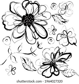 Hand drawn watercolour flowers and leaves paint brush pattern background. Abstract black ink color flowers paint brush and strokes, scribble background