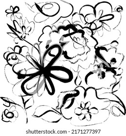 Hand drawn watercolour flowers and leaves paint brush pattern background. Abstract black ink color flowers paint brush and strokes, scribble background
