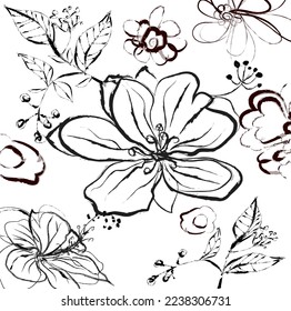 Hand drawn watercolour flowers and leaves paint brush pattern background. Abstract black ink color flowers paint brush and strokes, scribble lines background