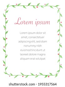 Hand drawn watercolour frame with floral elements, including green leaves and pink berries, vector illustration