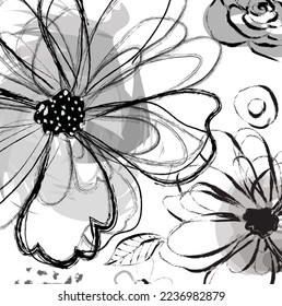 Hand drawn watercolour and ink flowers and leaves paint brush pattern background. Abstract black ink color flowers paint brush and strokes, scribble lines background