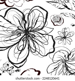 Hand drawn watercolour and ink flowers and leaves paint brush pattern background. Abstract black ink color flowers paint brush and strokes, scribble lines background