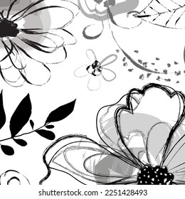 Hand drawn watercolour and ink flowers and leaves paint brush pattern background. Abstract black ink color flowers paint brush and strokes, scribble lines background