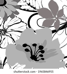 Hand drawn watercolour and ink nice flowers and leaves paint brush pattern background. Abstract  ink color with lovely flowers paint brush and doodles for your design.