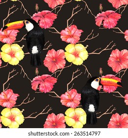 Hand drawn watercolour seamless pattern with tropical exotic flowers hibiscus and black toucans