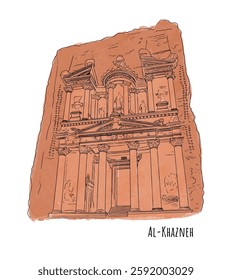 Hand drawn watercolour sketch of Al-Khazneh. Vector illustration of famous rock-cut tombs in Petra isolated on white background.