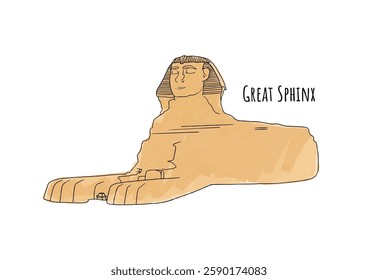 Hand drawn watercolour sketch of Great Sphinx of Giza. Vector illustration of famous statue in Egypt isolated on white background.