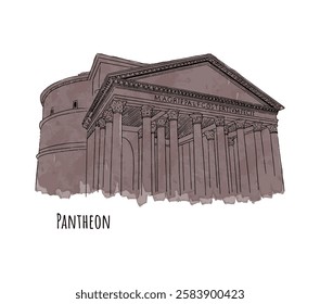 Hand drawn watercolour sketch of Pantheon in Rome. Vector illustration of famous Catholic Church.