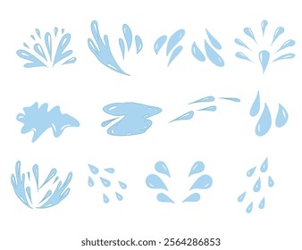 Hand drawn waterdrop illustration. Set of versatile water splash vector illustrations. Collection of light blue water droplet and splash vector graphics.