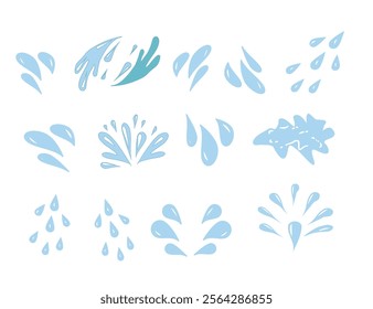 Hand drawn waterdrop illustration. Set of versatile water splash vector illustrations. Collection of light blue water droplet and splash vector graphics.