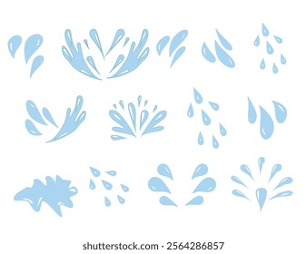 Hand drawn waterdrop illustration. Set of versatile water splash vector illustrations. Collection of light blue water droplet and splash vector graphics.