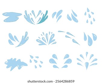 Hand drawn waterdrop illustration. Set of versatile water splash vector illustrations. Collection of light blue water droplet and splash vector graphics.