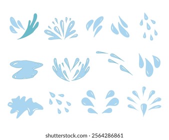 Hand drawn waterdrop illustration. Set of versatile water splash vector illustrations. Collection of light blue water droplet and splash vector graphics.