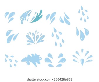 Hand drawn waterdrop illustration. Set of versatile water splash vector illustrations. Collection of light blue water droplet and splash vector graphics.