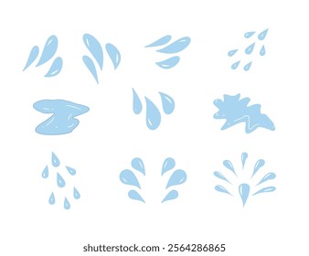 Hand drawn waterdrop illustration. Set of versatile water splash vector illustrations. Collection of light blue water droplet and splash vector graphics.