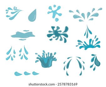 Hand drawn waterdrop illustration. Set of versatile water splash vector illustrations. Collection of light blue water droplet and splash vector graphics.