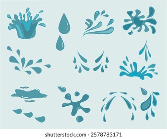 Hand drawn waterdrop illustration. Set of versatile water splash vector illustrations. Collection of light blue water droplet and splash vector graphics.