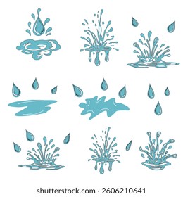 Hand drawn waterdrop illustration. Set of versatile water splash vector illustrations. Collection of light blue water droplet and splash vector graphics. Water splash vector.