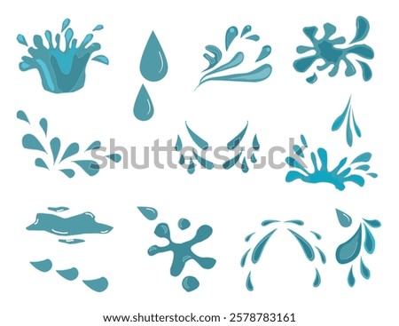 Hand drawn waterdrop illustration. Set of versatile water splash vector illustrations. Collection of light blue water droplet and splash vector graphics.