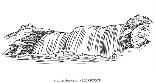 hand drawn waterfall with rocks and flowing water details