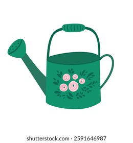Hand drawn watering can with flower ornament. Simple doodle vector illustration in naive childish style isolated on white background. Easter, spring, garden design clipart element
