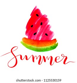 Hand drawn watermelon: fresh vector illustration for your design with summer lettering
