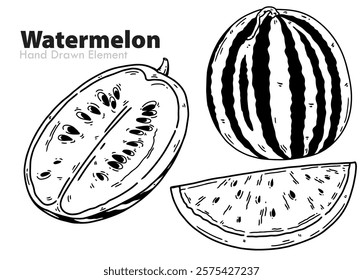 Hand drawn watermelon fruit vector design, whole and cut fruit packaging design, fresh, agriculture, agricultural produce, coloring page, easy to edit