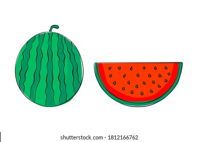 A hand drawn watermelon and a half of it isolated on white background. Unique style, good for projects.