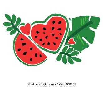 sandía dibujada a mano y conjunto de corazón, esbozo de ilustración del vector 