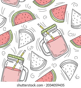 Hand drawn watermelon lemonade in a glass jar. Vector seamless pattern on white background. Fresh summer drink