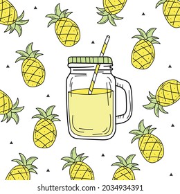 Hand drawn watermelon lemonade in a glass jar. Vector on white background. Fresh summer drink