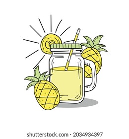 Hand drawn watermelon lemonade in a glass jar. Vector on white background. Fresh summer drink