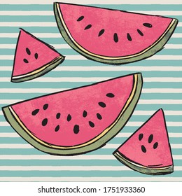 Hand Drawn Watermelon Motif Set. Vector Illustration with Texture on Stripe Background.