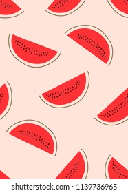 Hand drawn watermelon overlapping background. Vector seamless pattern. Fruit backdrop in trendy style. 