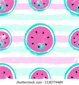 Hand drawn Watermelon Pattern isolated on striped brush background. Tropic seasonal background grungy style. Splashes, blots, ink textures. Vector illustration eps 10 file
