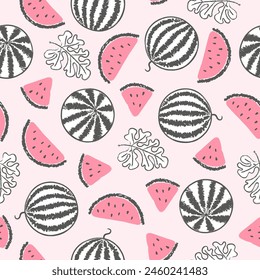 Hand drawn watermelon pattern. Seamless vector fruit background