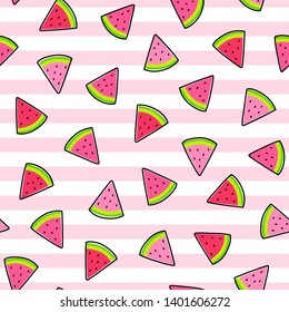 Hand drawn watermelon seamless pattern with stripes background.
