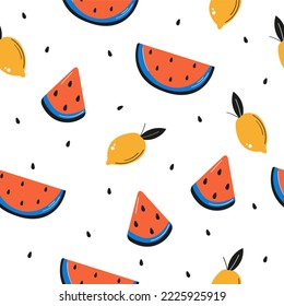 Hand drawn watermelon and watermelon seamless pattern. Vector illustration
