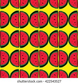 hand drawn watermelon seamless pattern on yellow background, summer fruit pattern, can be used for wrapping paper, fabric design, decoration