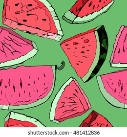 Hand Drawn Watermelon seamless pattern. Vector illustration on a light green background. Unique artistic concept useful for creative fabric, wrapping papers, packages and more