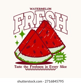 Hand drawn watermelon slice illustration in a vintage retro style. Perfect for T-shirt design, poster, sticker, and summer-themed artwork