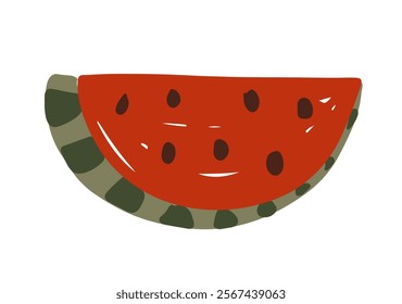 Hand drawn watermelon slice showcasing vibrant red flesh and green rind in a simple artistic style isolated on white background vector illustration