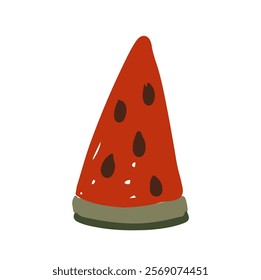 Hand drawn watermelon slice showcasing vibrant red flesh and green rind in a simple artistic style isolated on white background vector illustration